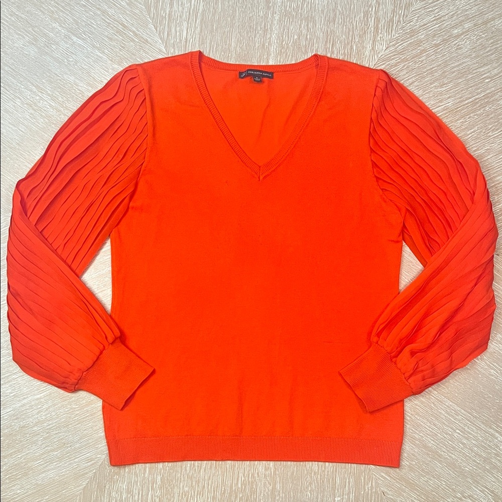Adrianna Papell Orange V-Neck Sweater with Pleated Sleeves